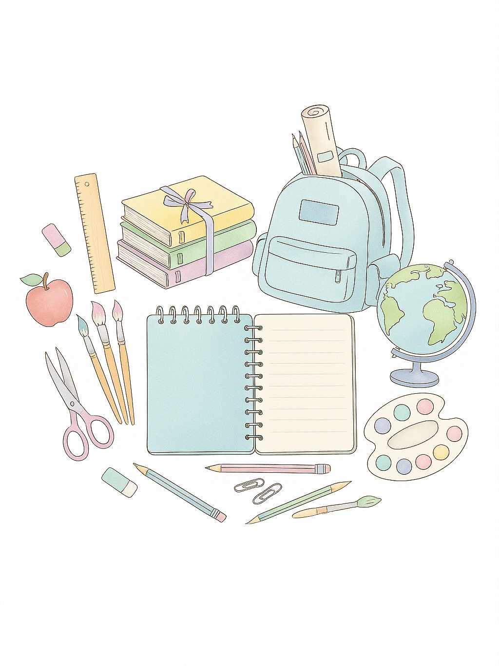 school supplies clipart with notebooks, pencils, paints, scissors, books, a globe, and a backpack in a soft pastel school clipart style
